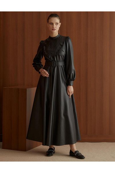 Kayra Full Length Laser Cut Black Faux Leather Dress