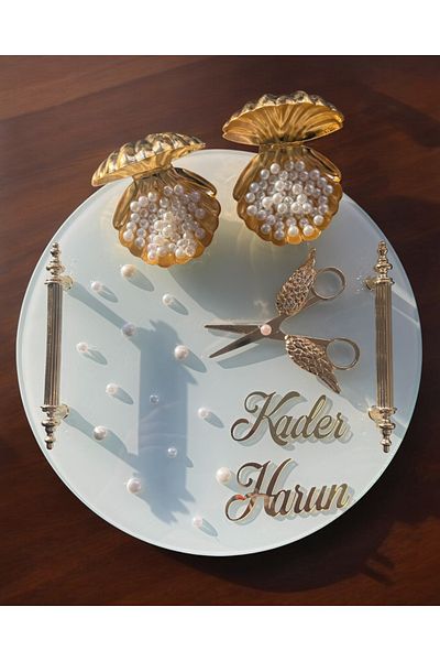 CyzHome Beloved Gold White Pearl Promise Tray Engagement Tray and Groom Coffee Cup Tray
