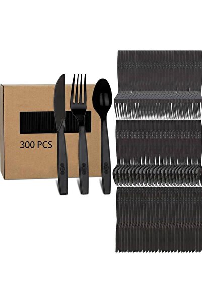 omeyva Plastik Siyah Çatal Kaşık Bıçak Seti Takımı- 100 Ad. Çatal + 100 Ad. B...