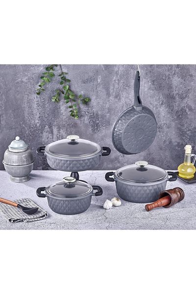 oney-pazar Carabella Cast Glass Cover 7 Piece Cookware Set Gray