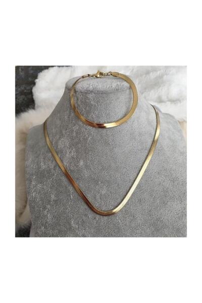 Doğaltaş Kadın Altın Kaplama İtalyan Ezme Zincir Kolye Bileklik Takı Seti Zin...
