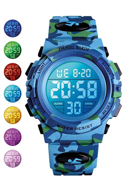 Daniel Klein Dark Blue Camouflage Children's Wristwatch with Alarm and Stopwatch, 7 Different Lights, for Ages 8-12