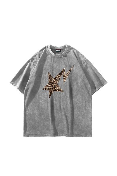 Sekizbiraltı Unisex Oversize Λευκό Tshirt - Leopard Falling Star Print, Premium Washable