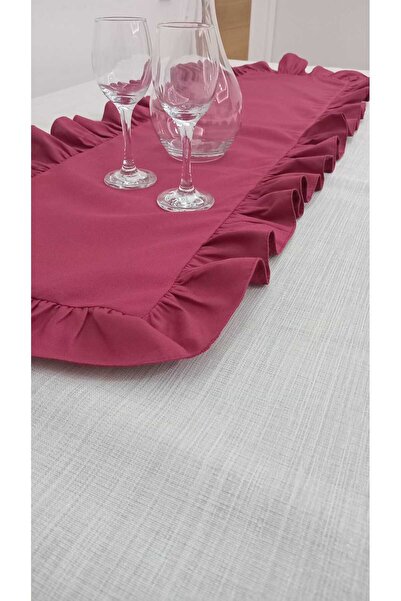 Bordo Duck Keten Kumaş Fırfır Detaylı Runner 40x120