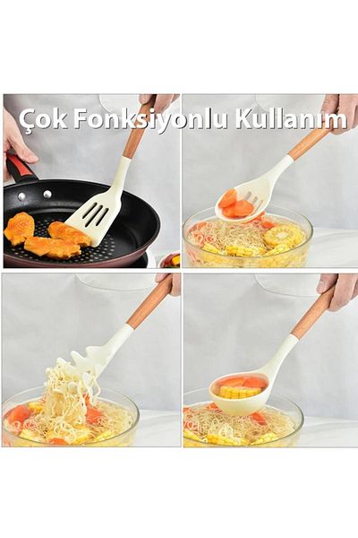 Polham 12 Pieces Wooden Handle Colander Spatula Kitchen Serving Set - with Storage Box
