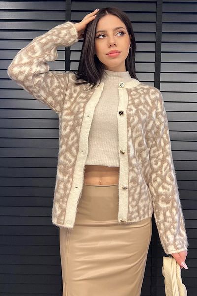 GÜLSELİ Beige Leopard Print Raised Knitwear Cardigan