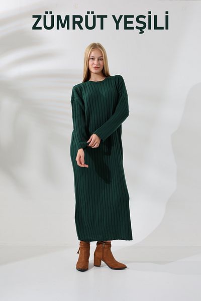 ALCHON Round Crew Neck Ribbed Long Sleeve Oversize Ankle Length Basic Seasonal Knitwear Dress