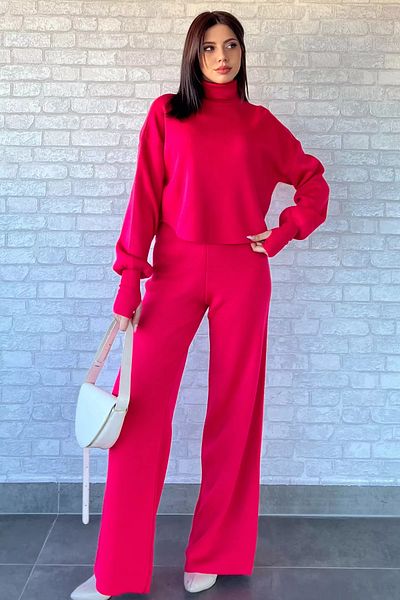 GÜLSELİ Fuchsia Crop Sweater Trousers Knitwear Double Set