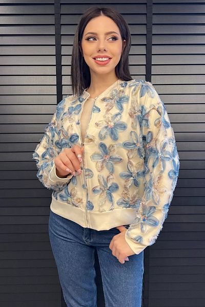 GÜLSELİ Stone Blue Women's Tulle Floral Print Jacket Cardigan