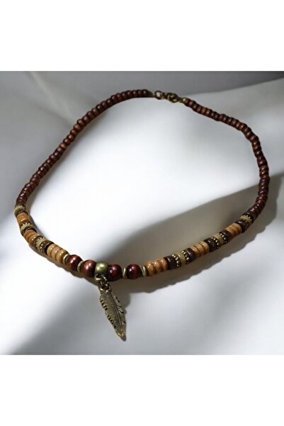 DEHNA Ahşap ve Metal Boncuklu Erkek Kolye Tüy Figürlü