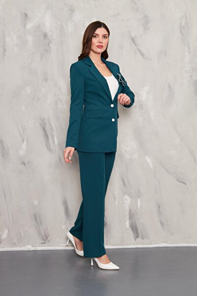 LOVELF Gül Broşlu 2 Düğmeli Takım Zümrüt