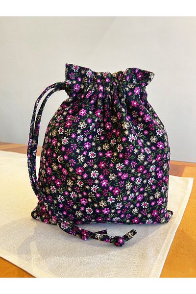 MEKİK BUTİK Flower Print Flannelette Cloth Pouch - Drawstring Bag Organizer - Makeup Bag - Jewelry Organizer