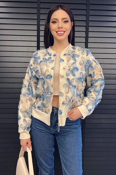 GÜLSELİ Stone Blue Women's Tulle Floral Print Jacket Cardigan