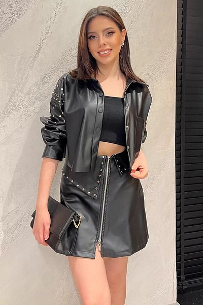 GÜLSELİ Fusta mini de damă din piele artificială cu fermoar cu împânzire neagră