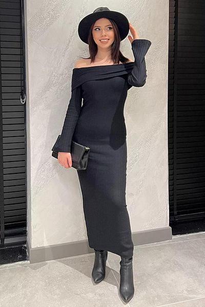 GÜLSELİ Μαύρο γυναικείο μακρύ φόρεμα Madonna Collar