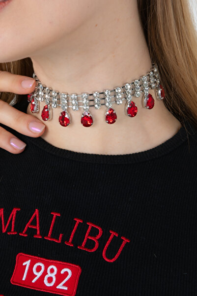 Furtek Aksesuar Kadın Elegante Model Kırmızı Renk Damla Taş Detaylı 3 Sıra Zirkon Choker Kolye Özel Gün Nişan Düğün