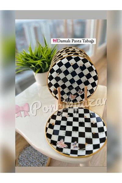 PONCİKPAZAR 30 Piece Checkerboard Patterned Breakfast Cake Serving Set