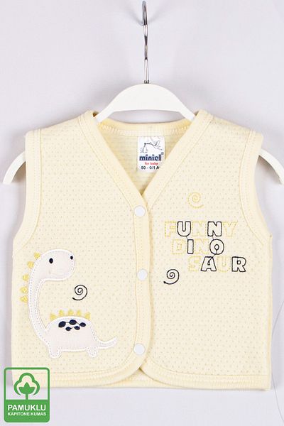 Miniel Unisex Baby Funny Dino Embroidered Organic Cotton 1-3-6-9 Months Quilted Baby Vest - Yellow