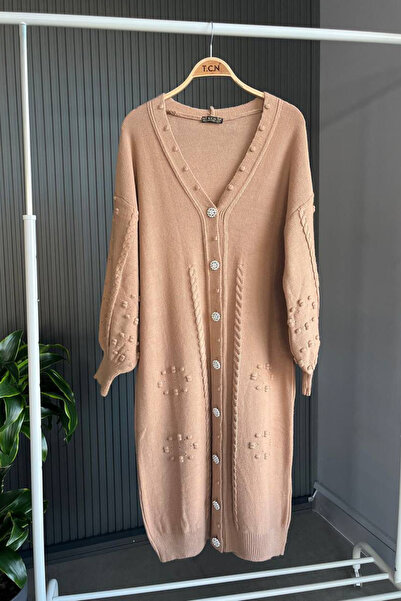 Bold Grup Women's Mink Standard Size Embroidered Pearl Stone Buttoned Knitwear Long Cardigan