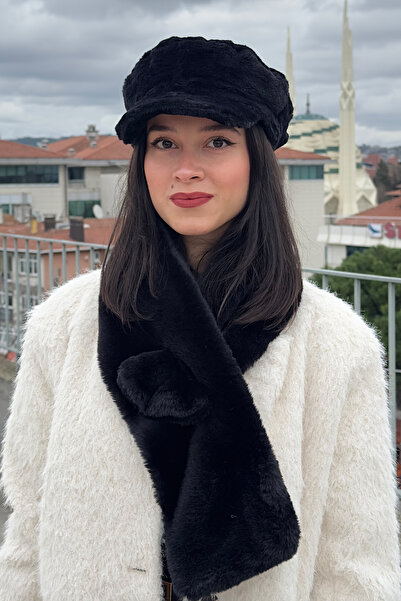 Mollycrush Peluş Kaptan Şapka&Atkı Takım | Kadın Suni Kürklü Kışlık Siyah Şap...