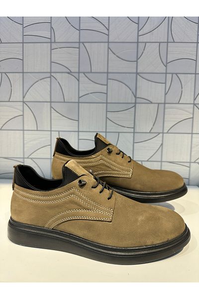 Anıl Ayakkabı St 305 Sand Mink Nubuck Genuine Leather Soft Sole Thick Rubber Laced Casual Daily Shoes