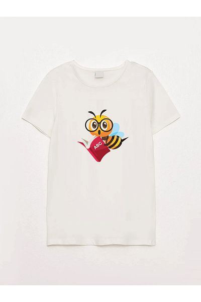 sielta Student Bee Printed Crew Neck Ecru Kids T-Shirt