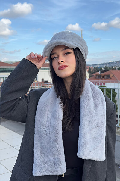 Mollycrush Women's Gray Faux Fur Plush Captain Hat and Scarf Set - 2-Piece Winter Set