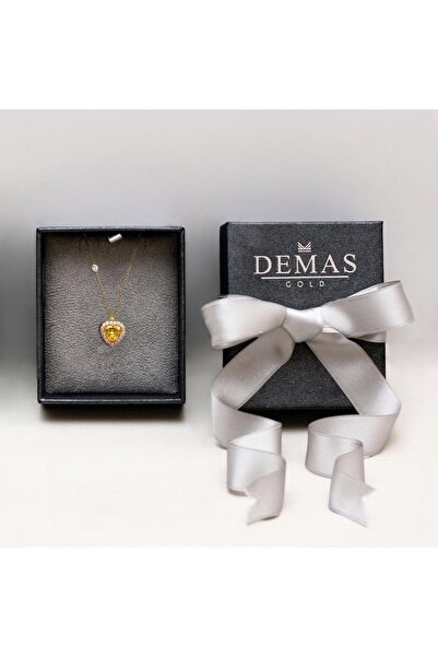 Demas Gold Kadın 14 Ayar Altın Pırlanta Tohumlu Sarı Topaz Rengi Kalp Kolye