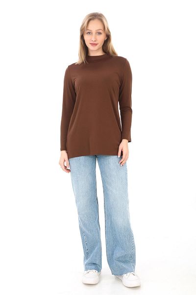 penyebizden Viscose Stand Collar Tunic-Brown