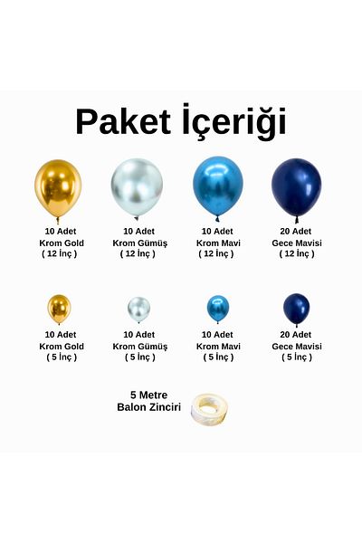 Ata Parti Dünyası Birthday Concept - Midnight Blue, Chrome Gold and Silver, Chrome Blue 100 Pieces Balloon Chain Party Set