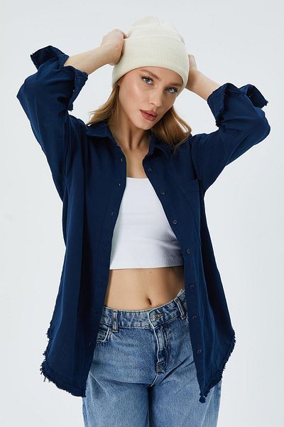 Mixray Navy Blue 4569 Model Women's Linen Shirt - Filthy Stitched