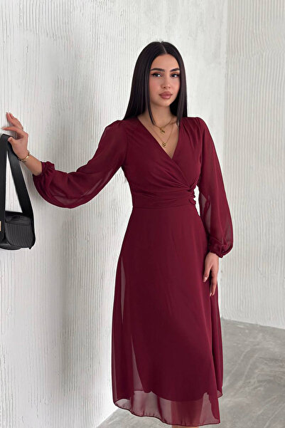 Neşeli Butik dámské šifonové šaty bordó podšité NBK30281