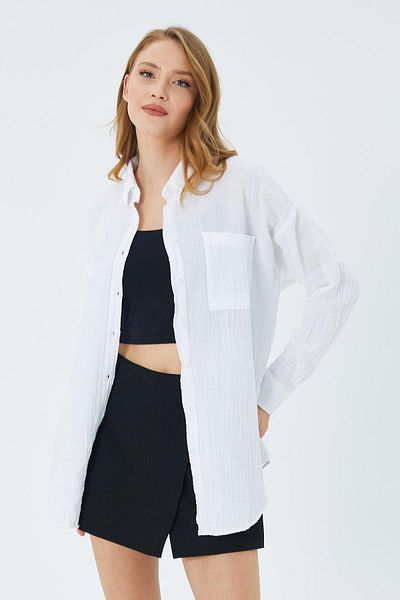Mixray 3833 Μοντέλο Λευκό Μουσελίνα Oversize Πουκάμισο - Με Τσέπη