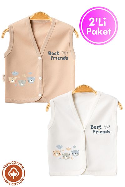 Miniel Unisex Baby Friends Teddy Bear Printed Organic Cotton 3-6-9 Months 2-Piece Combed Baby Vest Set