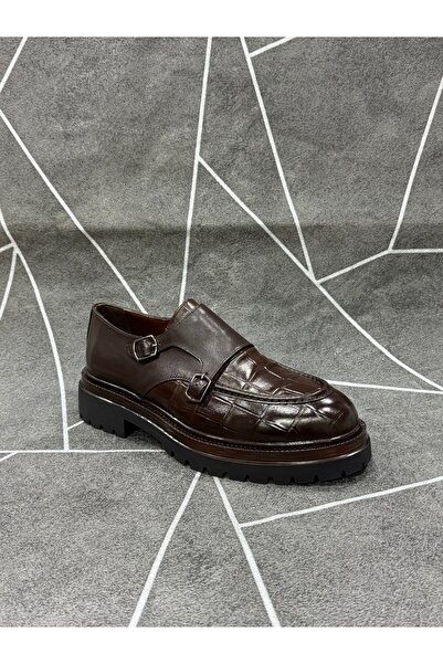 NYZ Kahverengi Kroko Hakiki Deri Eva Taban Çift Tokalı Erkek Ayakkabı