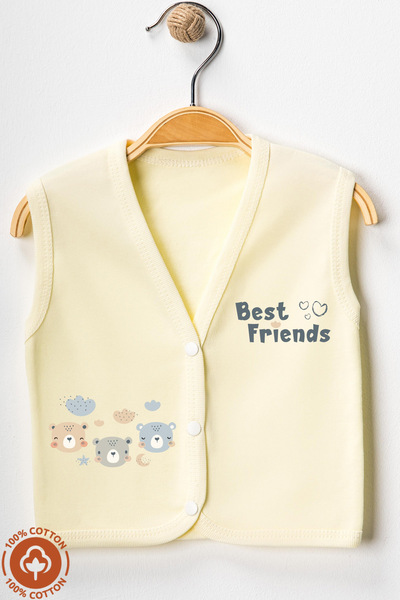 Miniel Unisex Baby Friends Teddy Bear Printed Organic Cotton 3-6-9 Months 2-Piece Combed Baby Vest Set