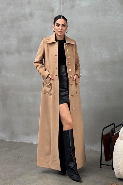 Olcay Cashmere Coat Biscuit 3086 with Metal Button and Bag Pocket Detail