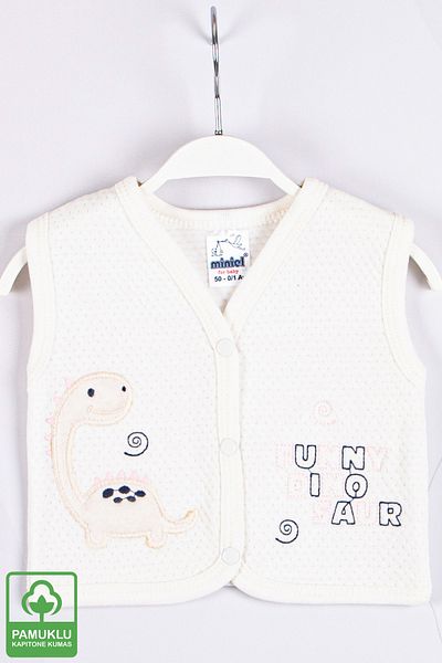 Miniel Baby Girl Funny Dino Embroidered Organic Cotton 1-3-6-9 Months Quilted Baby Vest - Ecru/pink
