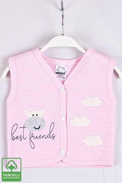 Miniel Baby Girl Cloudy Cow Embroidered Organic Cotton 1-3-6-9 Months Quilted Baby Vest - Pink