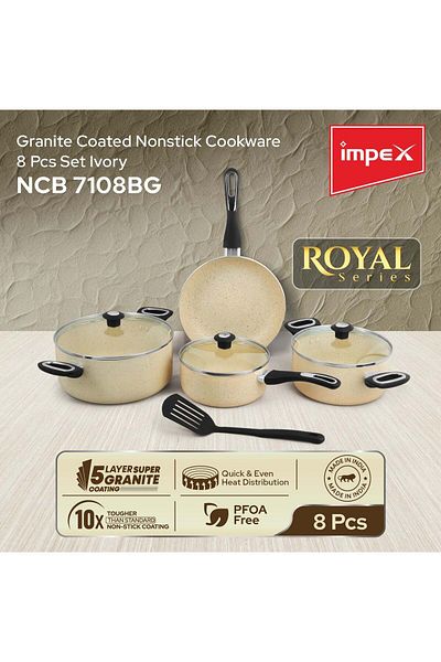 İMPEX طقم أواني طهي مكون من 8 قطع، 5 طبقات من الجرانيت، مقلاة 24 سم، 2 قدر مع غطاء 20 و24 سم، قدر حليب مع غطاء 18 سم