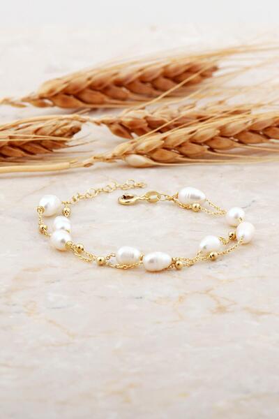 Sümer Telkari İnci Altın Kaplama İki Sıra Gümüş Bileklik 4742