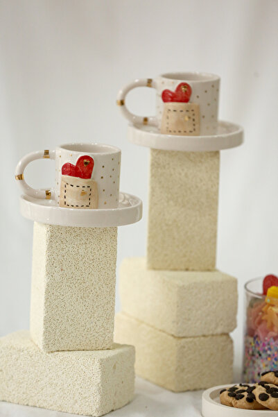 MERVEOKTAYSERAMİK 2'li El yapımı Kalpli seramik türk kahvesi fincanı