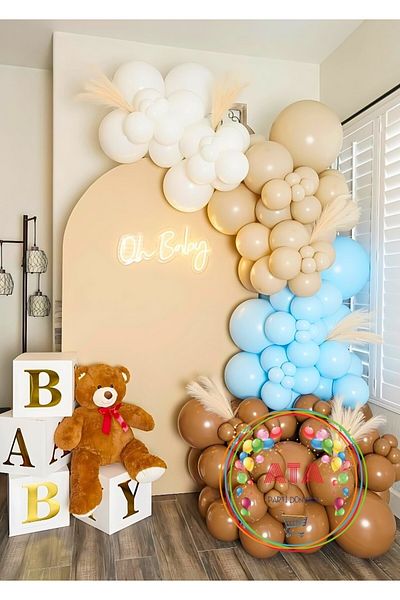 Ata Parti Dünyası Birthday Concept - 100 Pieces White, Sea Sand and Caramel Macaron Blue Balloon Chain Party Set