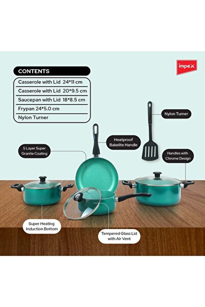 İMPEX 8pcs Cookware Set,5 Layer Granite Coating,Frypan 24cm,2 Saucepan withlid20&24cm,Milkpan withlid 18cm