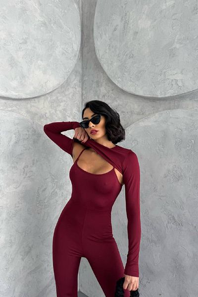 Neşeli Butik Women's Burgundy Bolero Detailed Spanish Jumpsuit Nbdf120