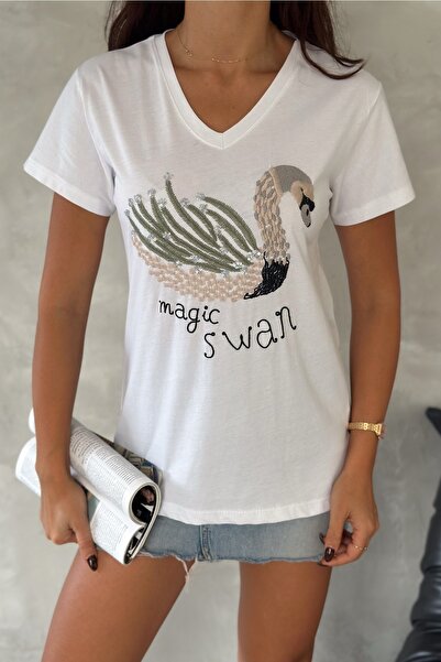 FEMELLE Γυναικείο μπλουζάκι από 100% βαμβάκι με λευκή λαιμόκοψη με παγιέτες κ...