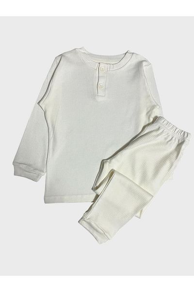 elmas kids Boys' 100% Cotton Winter Ecru Corduroy Collar Buttoned Long Sleeve Basic Pajamas Set