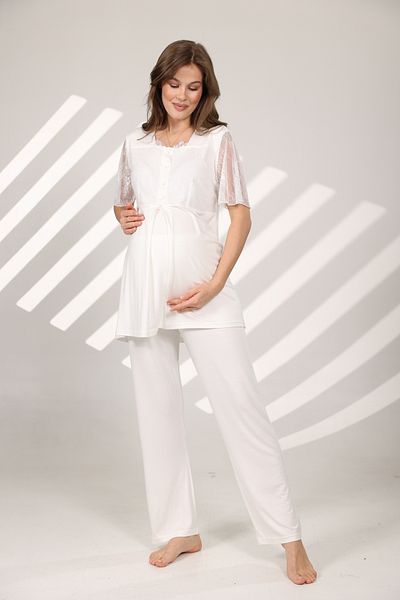 LOHOUSE Ecru Lace Cotton Maternity 3-Piece Maternity Pajamas Set - Short Sleeve