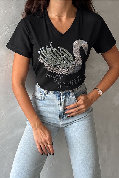 FEMELLE Tricou de damă, negru, cu decolteu în V, cu paiete de lebădă și broderie, 100% bumbac