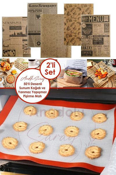 Anadolu Saray Set of 2 Silicone Fireproof Non-Stick Baking Mat and 50 Pcs Patterned Presentation Paper Vintage Oil Paper